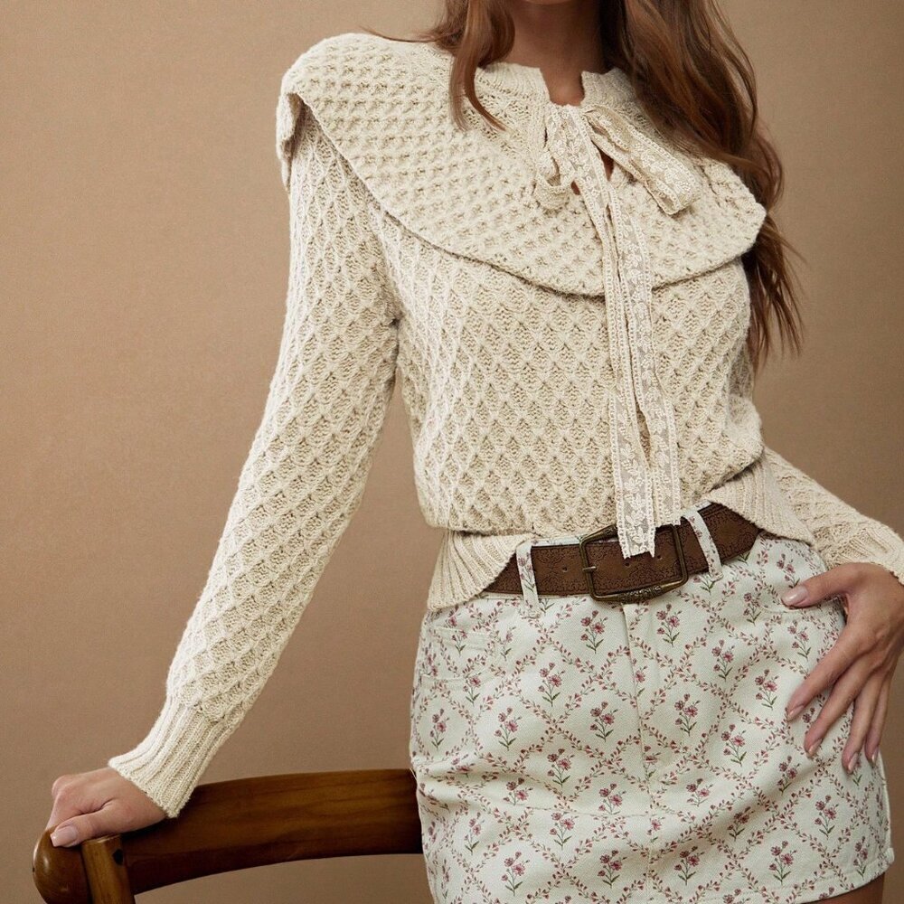 Apricot Casual Women's Relaxed Fit Notch Neck Ruffle Sweater